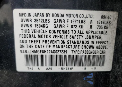 2010 Honda Fit z USA, uszkodzony, nr VIN JHMGE8H22AS027239